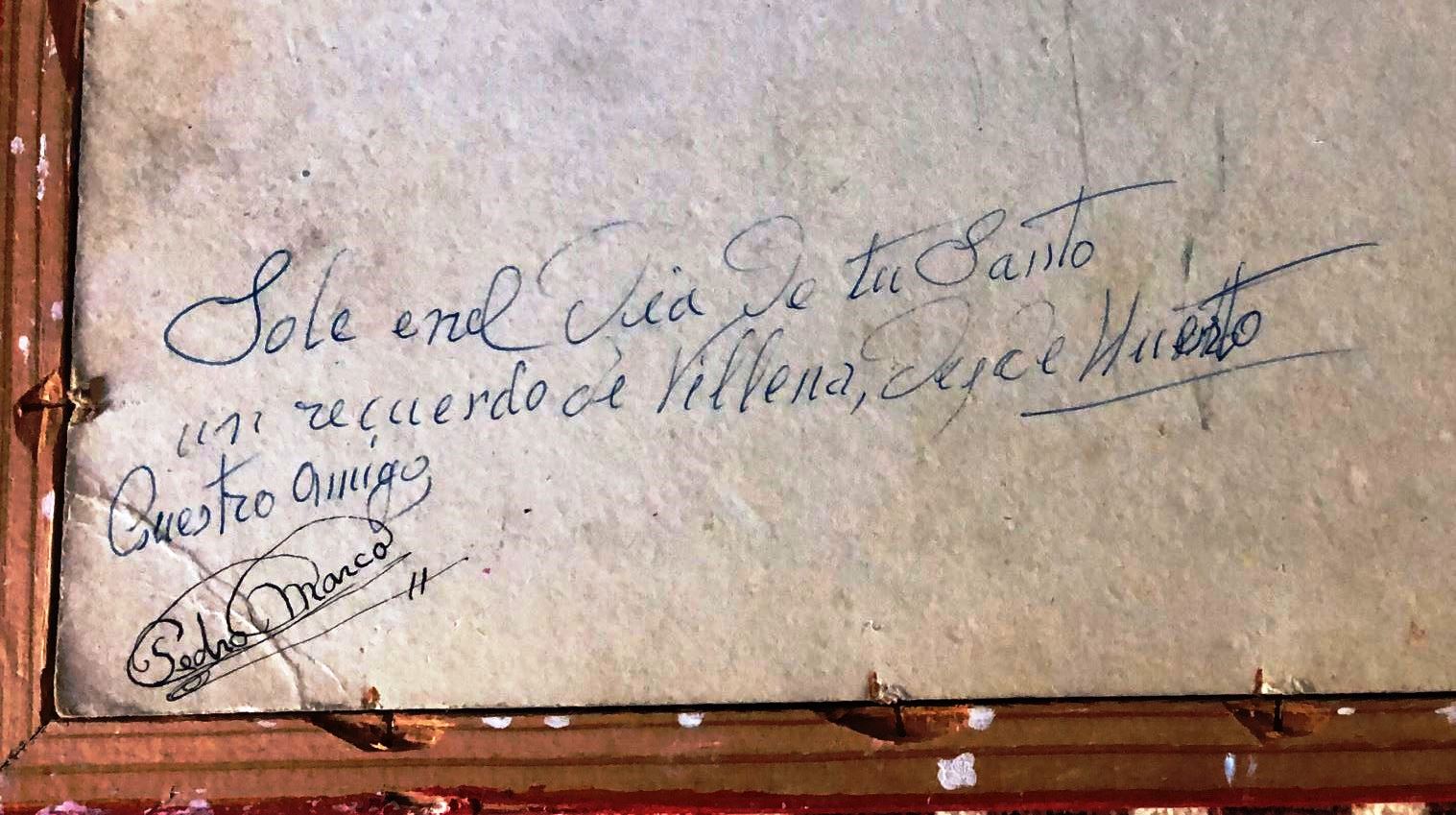 Dedicatoria en el reverso del cuadro: 'Sole en el día de tu santo, un recuerdo de Villena, el Huerto. Vuestro amigo, Pedro Marco.'